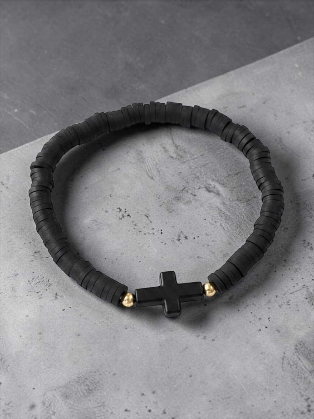 Men's Black Cross Stretch Bracelet with Gold Accent Beads - Unbranded